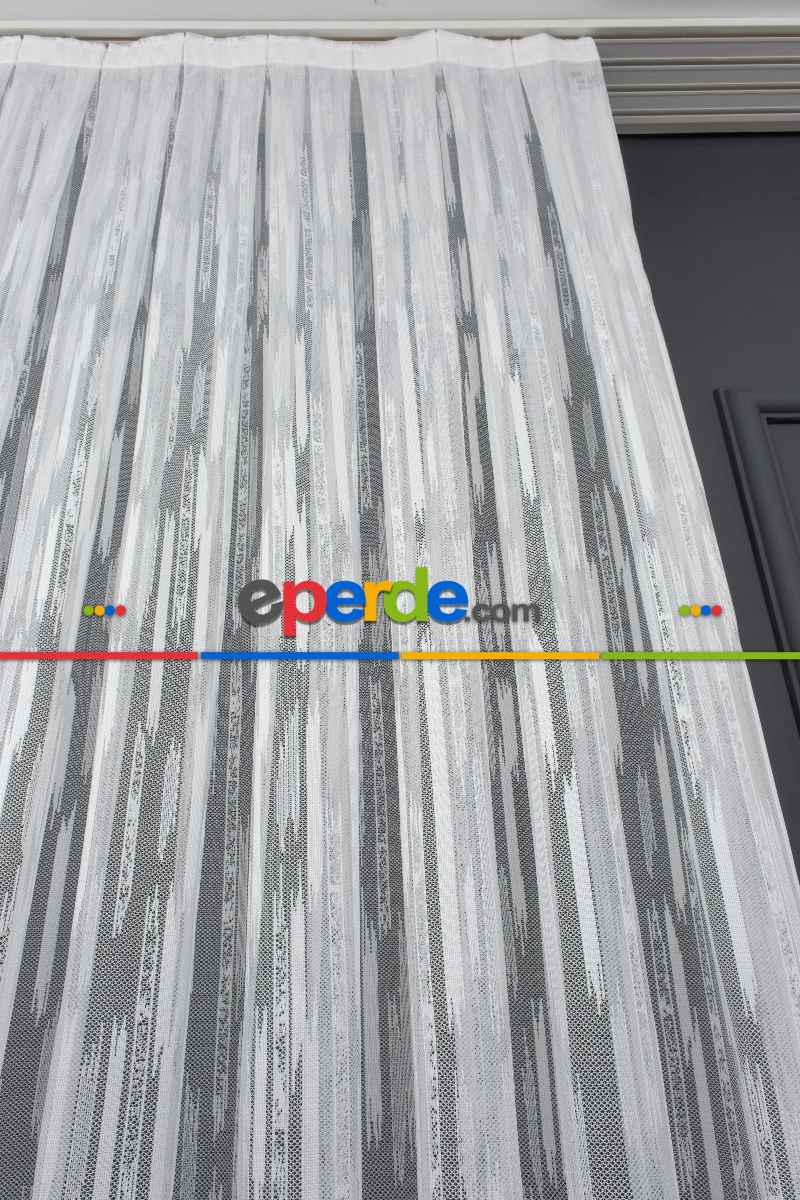 Oturma Odası - Çizgili Modern Desen Örme Tül - Ekru