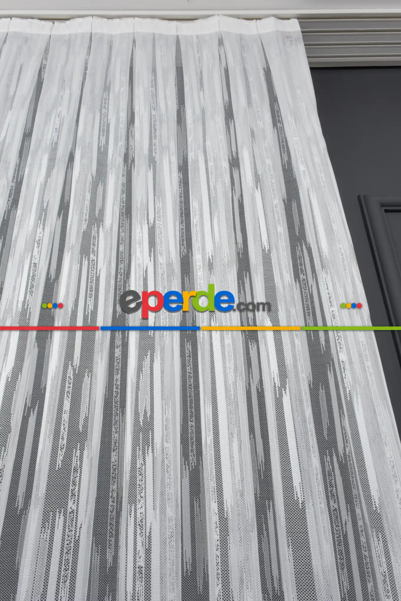 Çizgili Modern Desen Örme Tül - Ekru