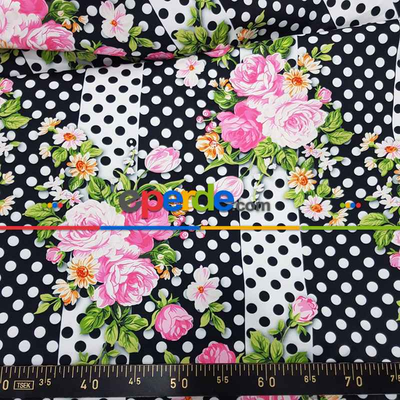 Çiçek Desenli Fon Perde Evm836 Kumaşı Kalındır Duck Bezi Değildir- Siyah-Beyaz-Pembe Koyu