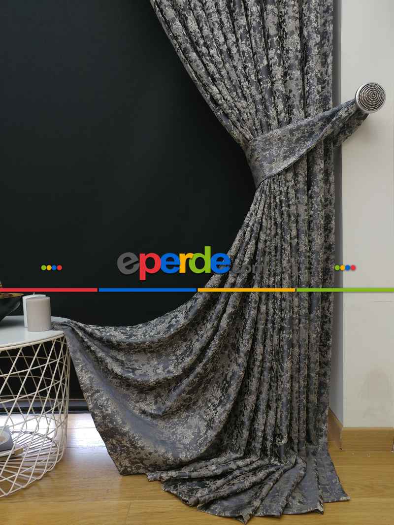 Patine Desenli Krem Antresit Desenli Jakar Fon Perde (180cm En)- Antrasit