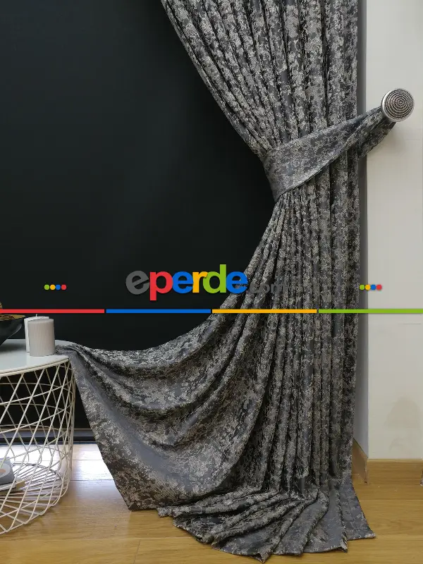 Patine Desenli Krem Antresit Desenli Jakar Fon Perde (180cm En)- Antrasit