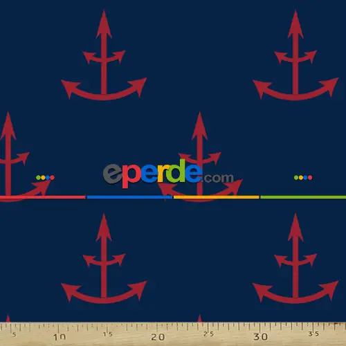 Çapa Desenli Fon Perde Evm408-10 Kumaşı Kalındır Duck Bezi Değildir- Lacivert-Kırmızı