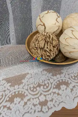 %50 İndirimli Hazır Ölçülü Etek Ucu Damask Desenli Örme Tül Perde