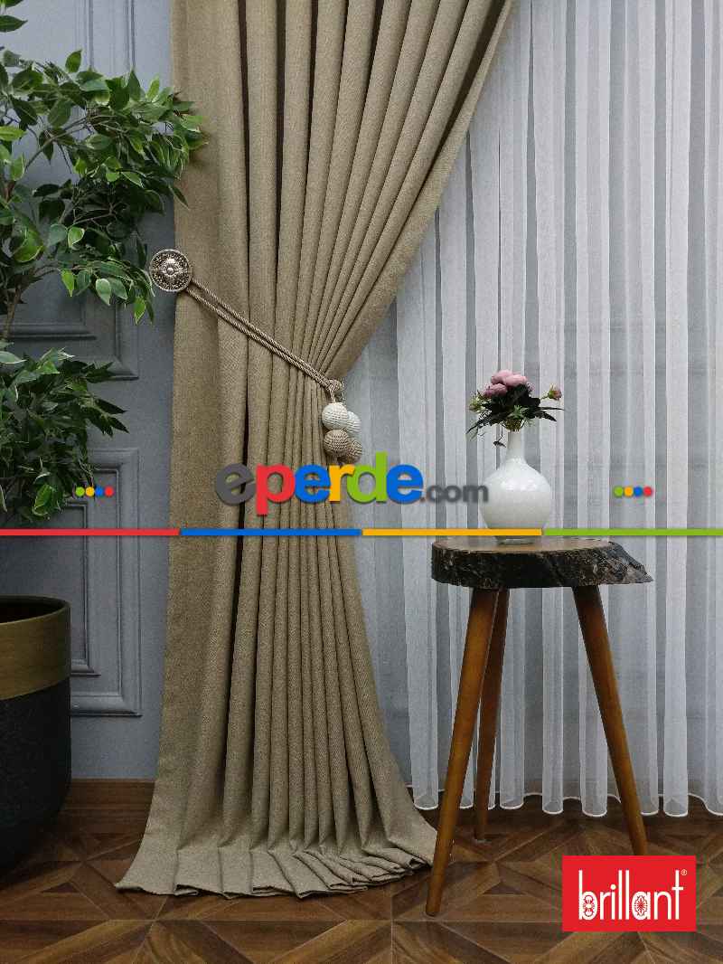 Brillant Keten Açık Bej Renk Düz Fon Perde - Bej