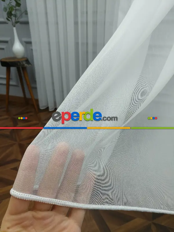 Salon - Düz Buzlu Zemin Tül - Keten Efektli İplikten Ekru Tül - Ütü İstemez- Ekru