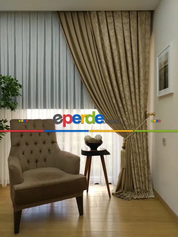 Patinedesenli Kahverengi Kombinli Desenli Fon Perde- Kahverengi