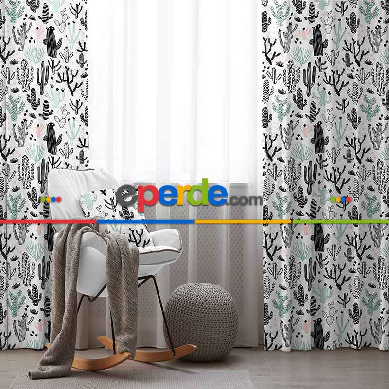 Kaktüs Desenli Fon Perde Evim694 Kumaşı Kalındır Duck Bezi Değildir- Mavi-beyaz