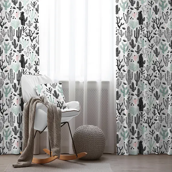 Çocuk Odası - Kaktüs Desenli Fon Perde Evim694 Kumaşı Kalındır Duck Bezi Değildir- Mavi-beyaz