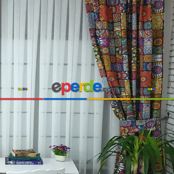 Etnik Desenli Fon Perde Evm1062 Kumaşı Kalındır Duck Bezi Değildir- Kırmızı-Pembe-Hardal Sarısı- Çok Renkli 3