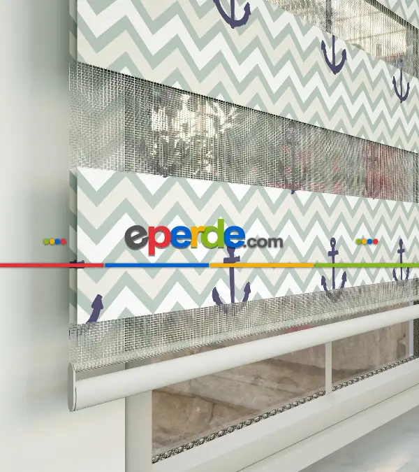 Bebek Odası Zebra Perde - Çapa Baskılı Zebra Perde- Beyaz-Mor-Su Yeşili