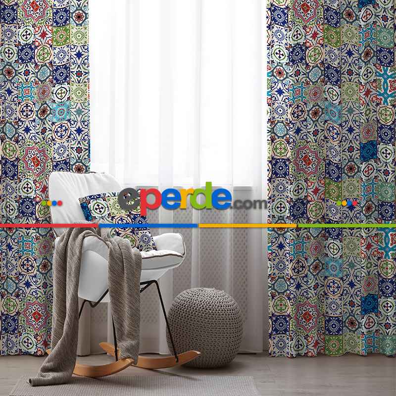 Etnik Renkli Desenli Fon Perde Evim382 Kumaşı Kalındır Duck Bezi Değildir- Mavi-beyaz