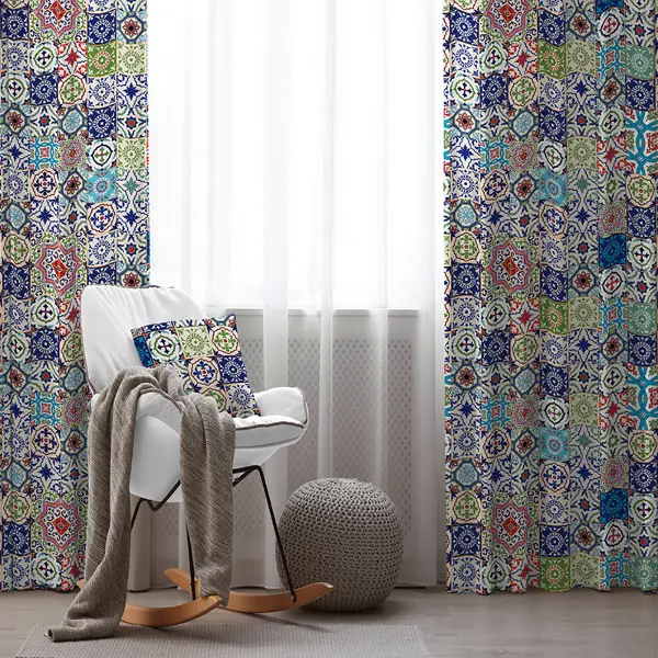 Etnik Renkli Desenli Fon Perde Evim382 Kumaşı Kalındır Duck Bezi Değildir- Mavi-beyaz