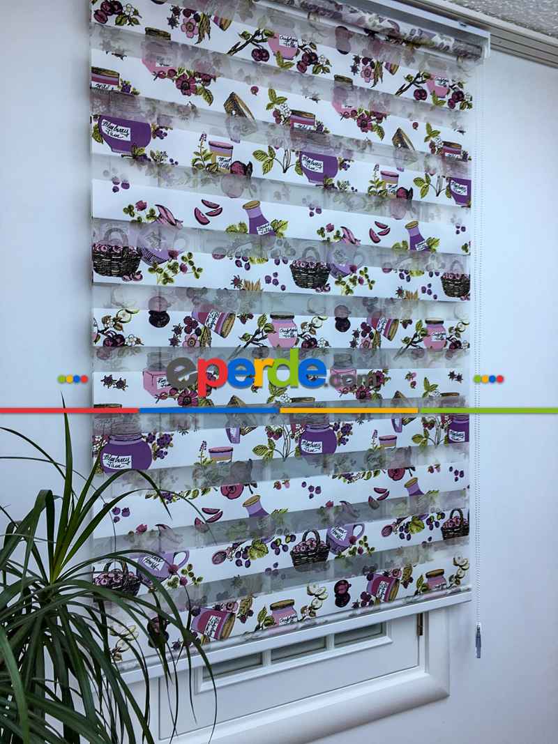 Zebra Perde- Kavanoz Baskılı Zebra Perde- Pembe-mor