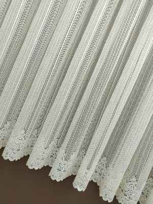 Kısa Boylu Boyuna Çizgili Etek Ucu Desenli Tül Perde - Petek Üstü Boy- Ekru