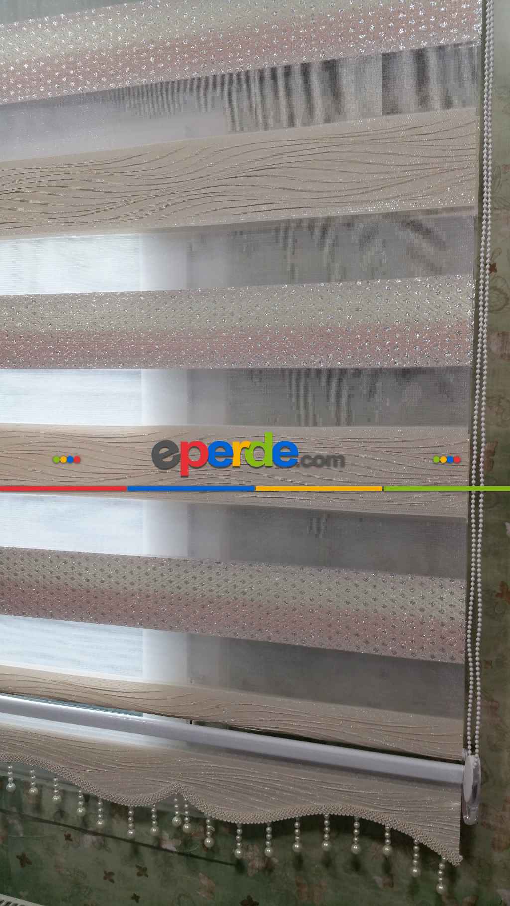 Mutfak - Elit Jakarlı Simli Krem Pembe Geçişli Zebra Perde - Krem, Pembe, Gümüş Simli