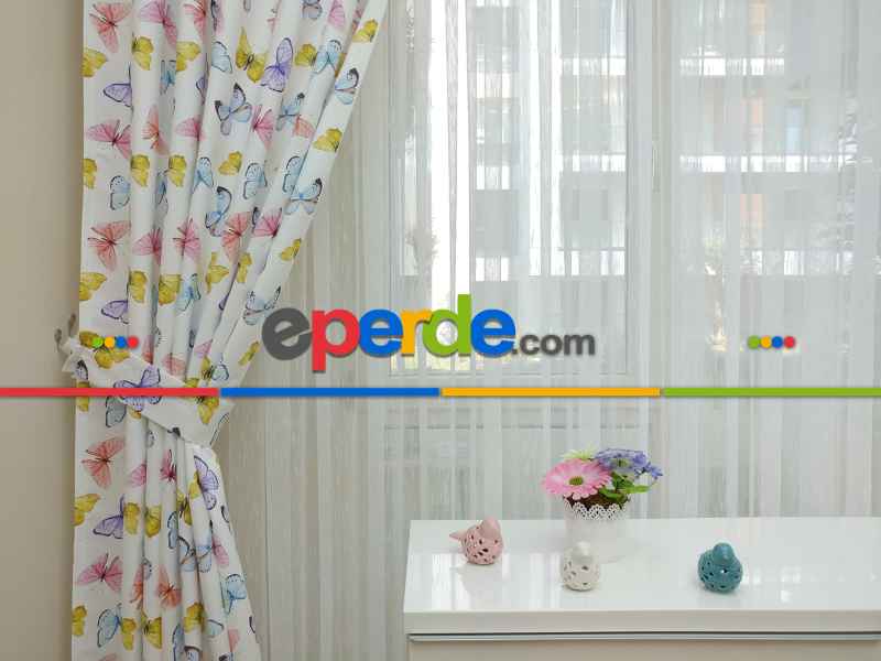 Kız Çocuk Odası Fon Perde - Kelebek Desenli Fon Perde