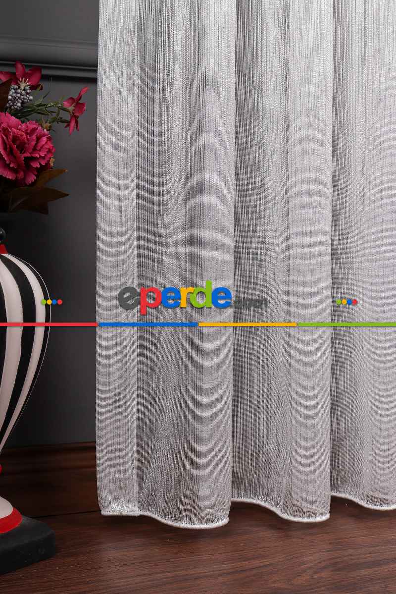 İnce Çizgili Gümüş Simli Armür Tül Perde Grz 2124