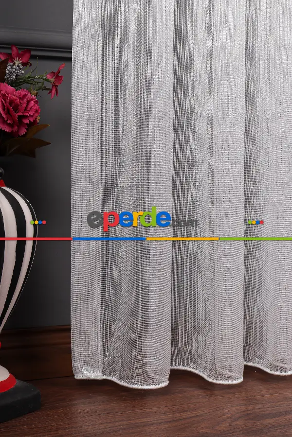 İnce Çizgili Gümüş Simli Armür Tül Perde Grz 2124