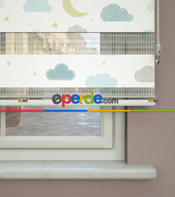 Bulut Desenli Baskılı Zebra Perde- Çok Renkli