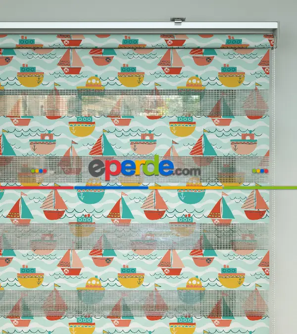 Bebek Odası Zebra Perde - Gemi Desenli Baskılı Zebra Perde-  Çok Renkli 2