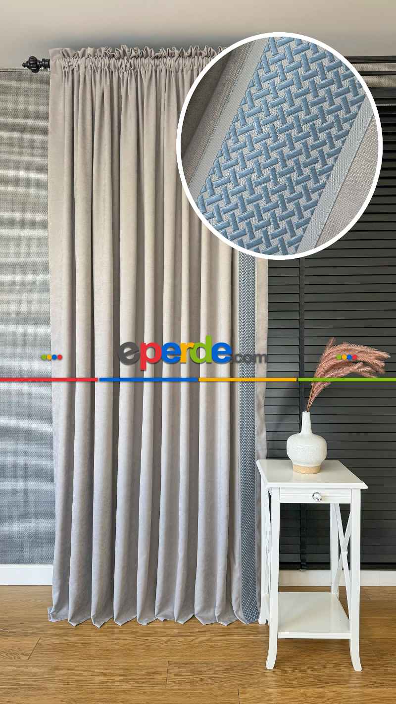 Bej Rengi Fon Perde - Mavi Dikey Bordürlü Fon Perde - Fon Rengi Bej Rengidir.