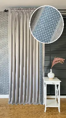 Bej Rengi Fon Perde - Mavi Dikey Bordürlü Fon Perde - Fon Rengi Bej Rengidir.