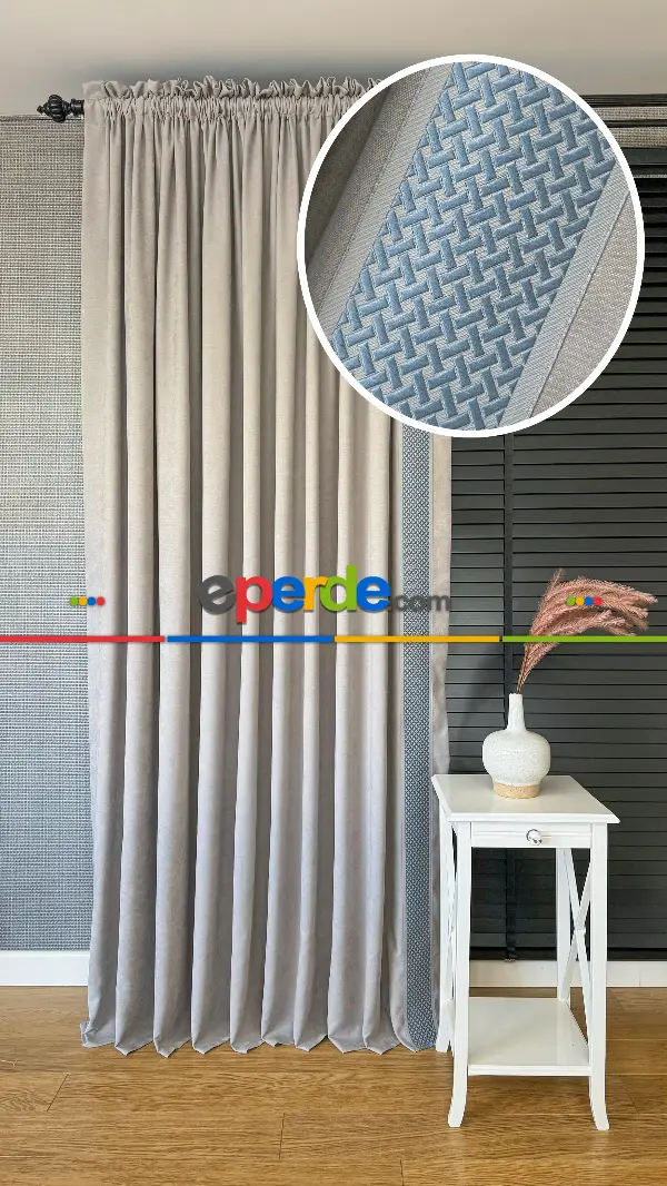 Bej Rengi Fon Perde - Mavi Dikey Bordürlü Fon Perde - Fon Rengi Bej Rengidir.