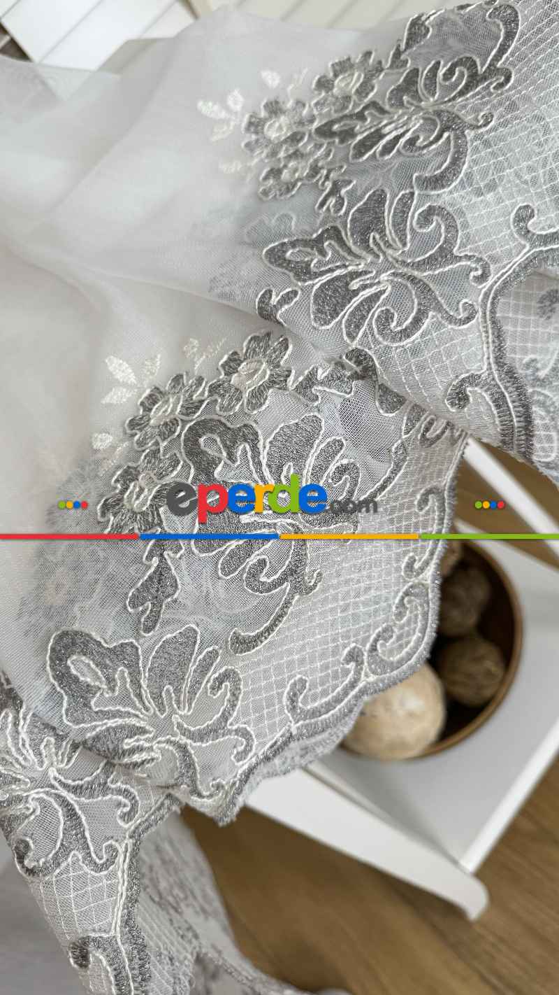 Ekru Gri Özel Dokuma, Özel İplik Brode İşlemeli Tül Perde - Ağır Gramajlı Premium Nakışlı