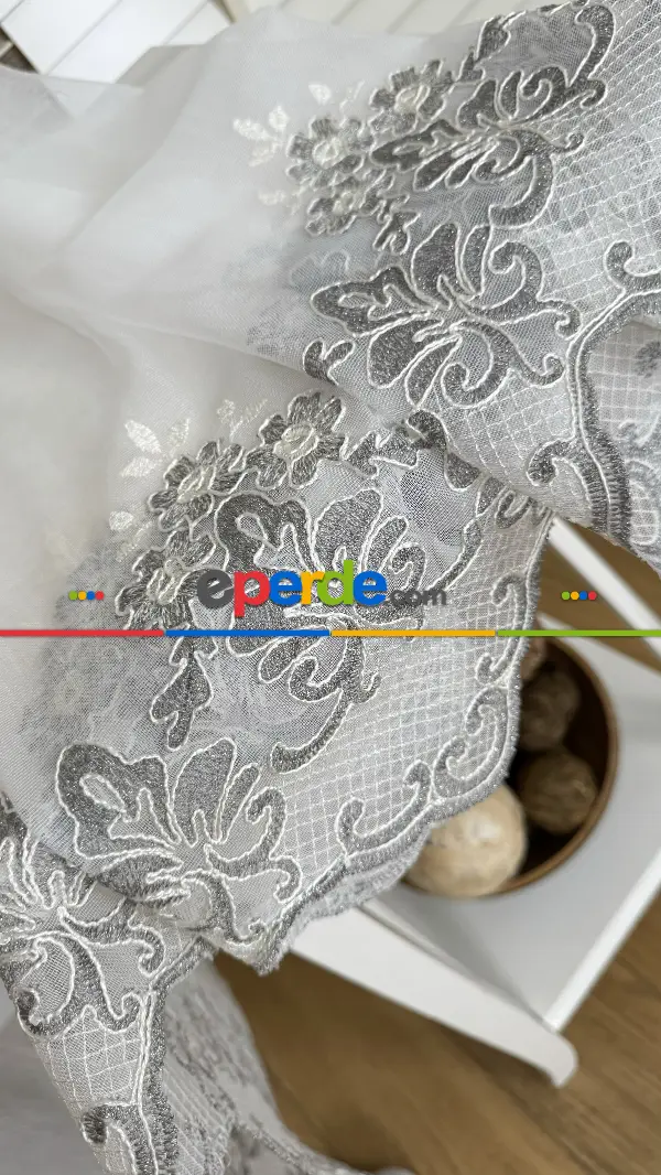 Ekru Gri Özel Dokuma, Özel İplik Brode İşlemeli Tül Perde - Ağır Gramajlı Premium Nakışlı