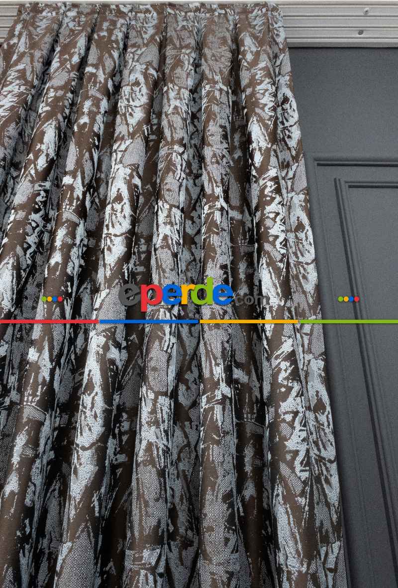 Jakar Dokuma Fon Perde Zemin Kahve (desen Açık Mavi) Renk