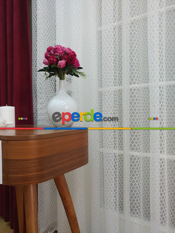 Petek Desenli Tül Perde- Ekru