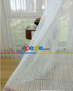 Çizgili Beyaz Tül Perde- Ekru - Kurşunlu Tül
