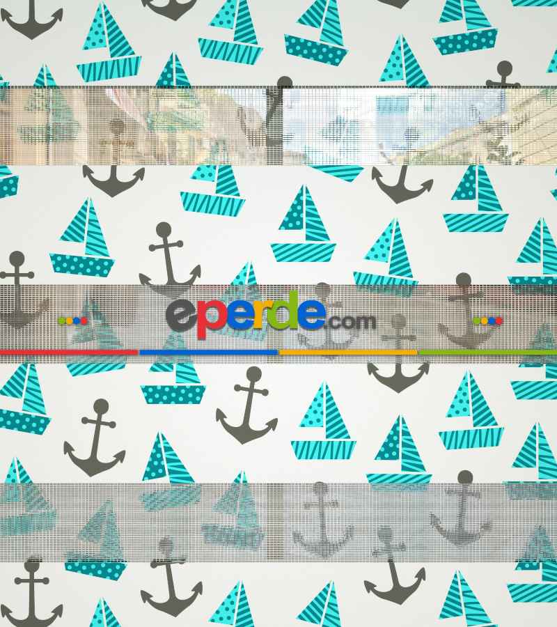 Bebek Odası Zebra Perde - Çapa Ve Gemi Desen Baskılı Zebra Perde- Yeşil