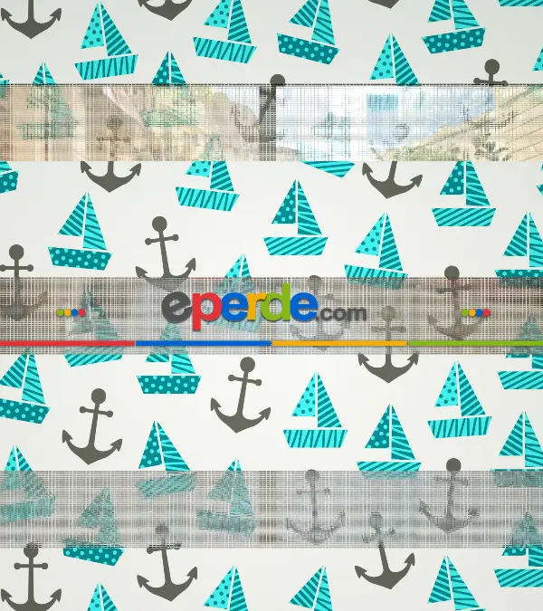 Bebek Odası Zebra Perde - Çapa Ve Gemi Desen Baskılı Zebra Perde- Yeşil