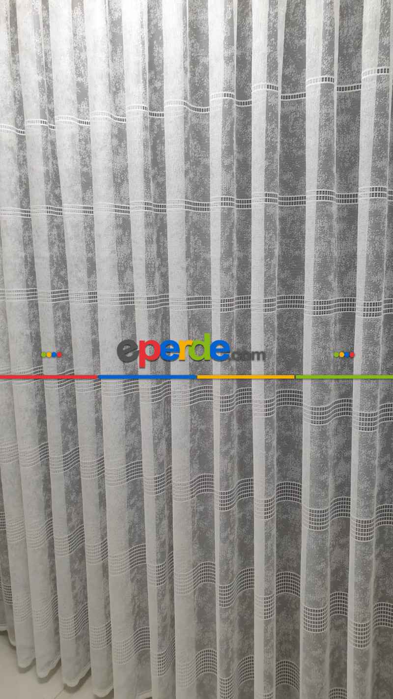 Spor Desen Tül Perde - Karlı Kareli Geometri Desenli - Ekru Açık Krem - Örme Tül