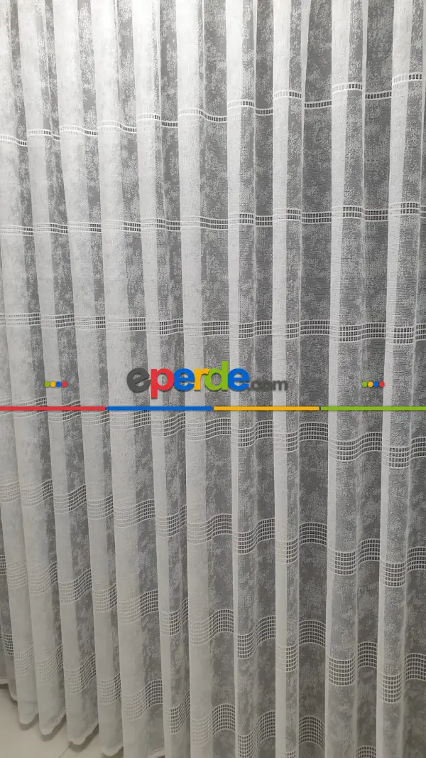 Spor Desen Tül Perde - Karlı Kareli Geometri Desenli - Ekru Açık Krem - Örme Tül