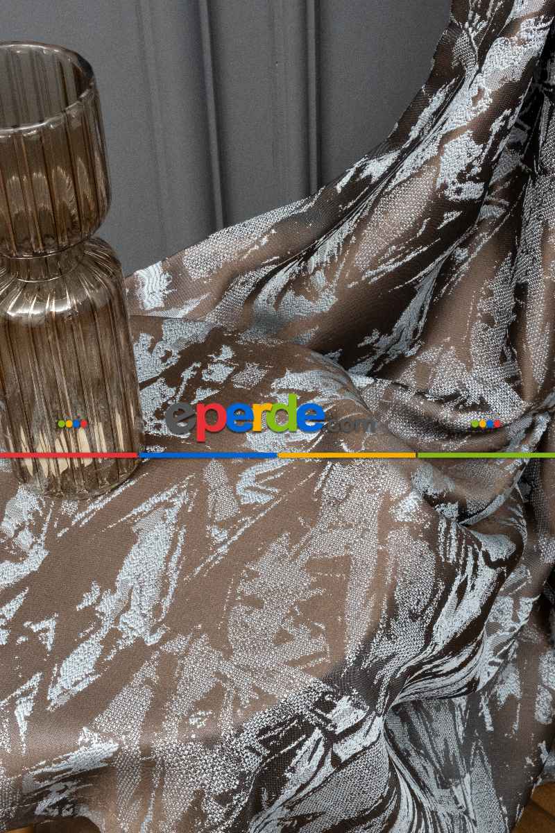 Evce Jakar Dokuma Fon Perde Zemin Kahve (açık Mavi) Desen