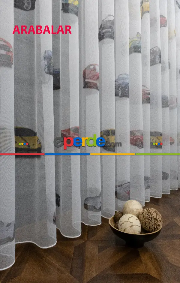 Çocuk Odası - Arabalar Desenli Modern Tül Perde - Elit Ürün