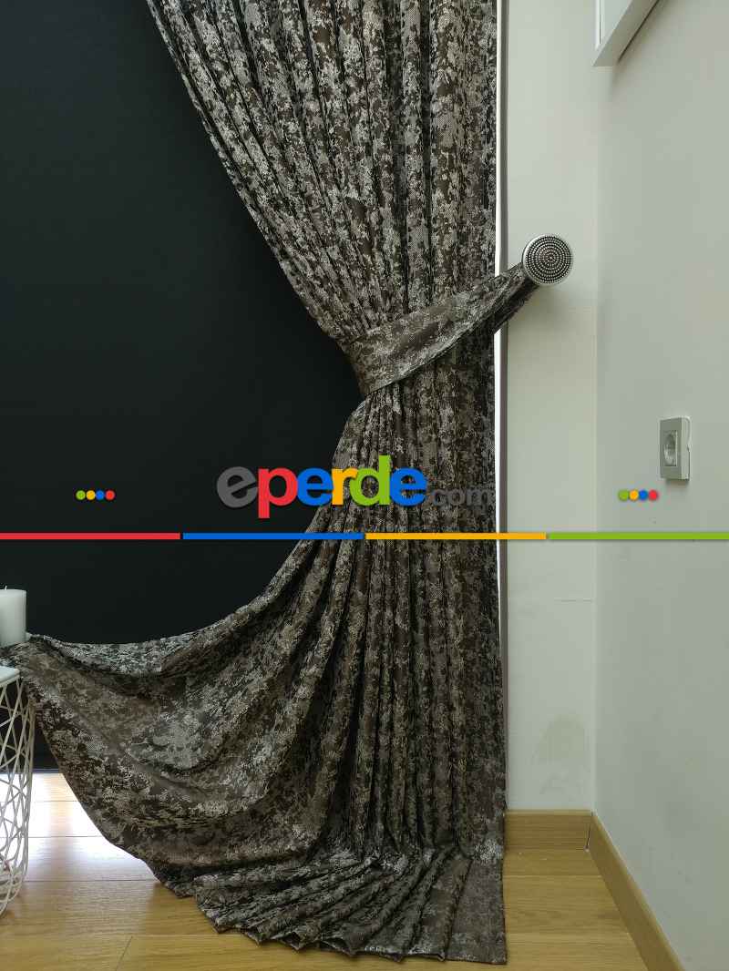 Krem Kahve Desenli Jakar Fon Perde - Kahve