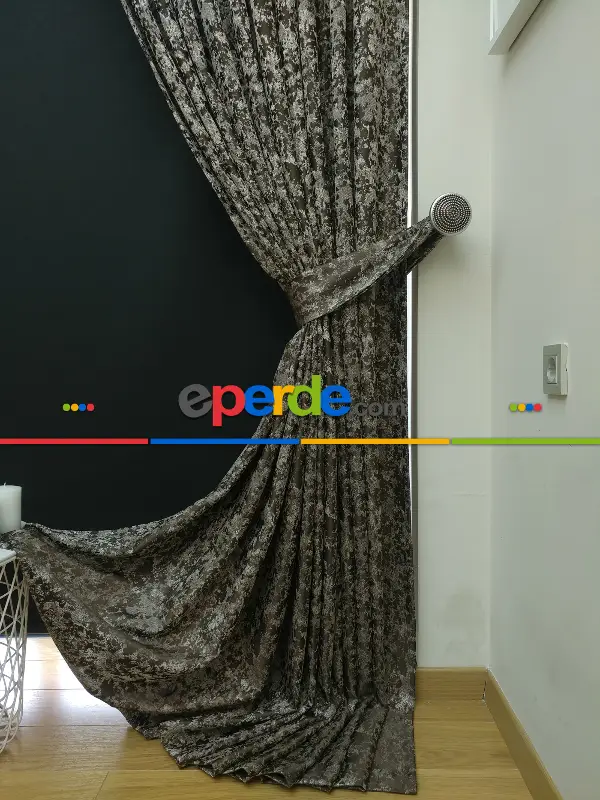 Krem Kahve Desenli Jakar Fon Perde - Kahve