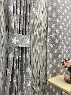 Bebek Odası Fon Perde - Keten Görünümlü Yıldız Fon Perde- Gri Açık