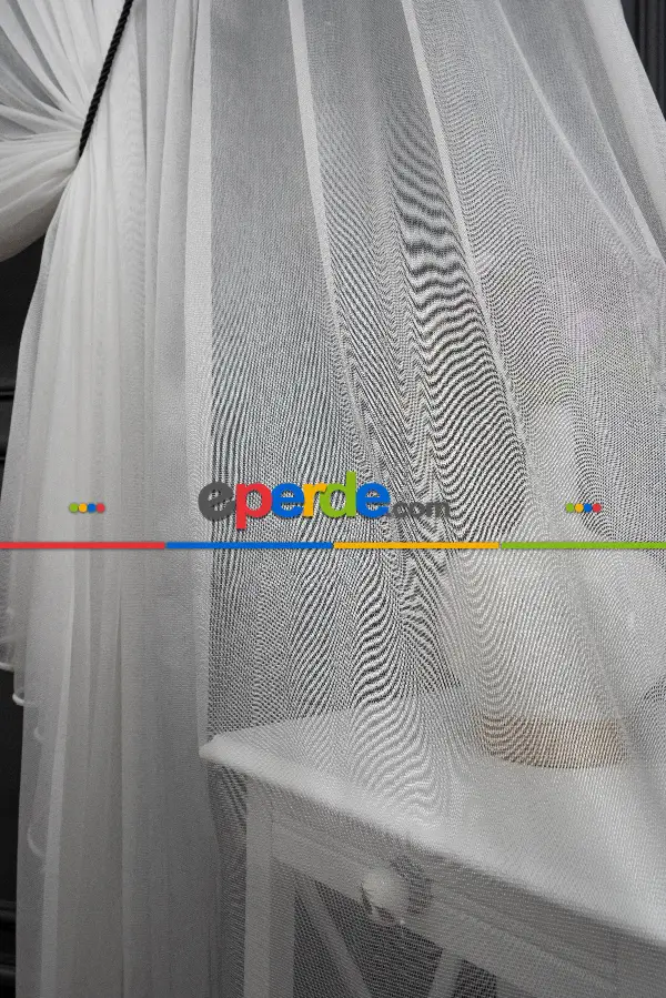 Ekru Monaliza Dökümlü Tülden Yalancı Kruvaze - Tülden Fon - Yana Toplamalı Tül - Kordon Toplama Tül - Çift Veya Tek Kanat - Kurşunlu Tül - Kordon Renkleri Mevcut