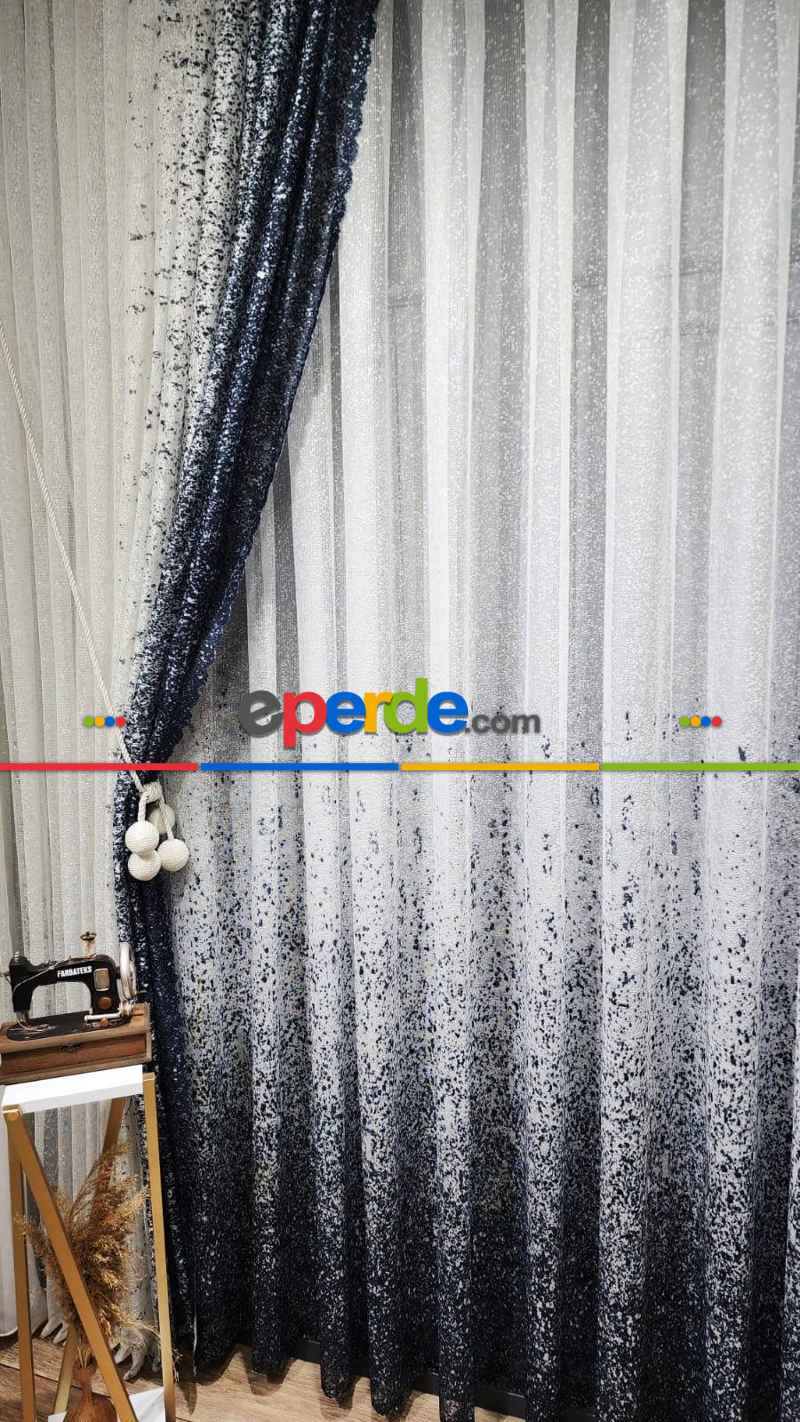 Mutfak - Lacivert Püskürtme Tül Fon Perde