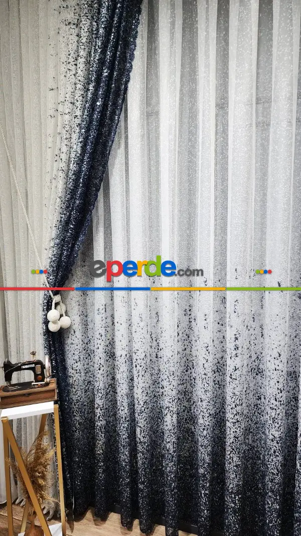 Lacivert Püskürtme Tül Fon Perde