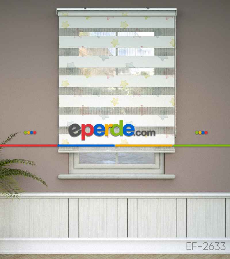 Yıldız Desenli Baskılı Zebra Perde- Çok Renkli