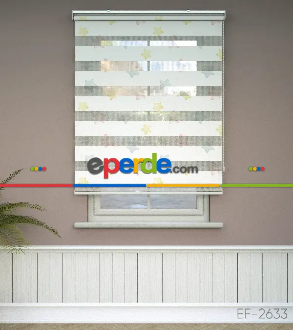 Yıldız Desenli Baskılı Zebra Perde- Çok Renkli