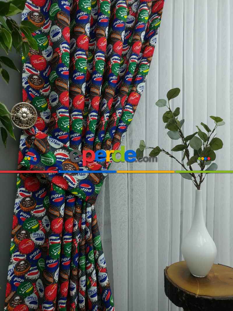 Pop-art Desenli Fon Perde Evm435 -p - Kumaşı Kalındır Duck Bezi Değildir.- Mavi-Kahve-Çok Renkli