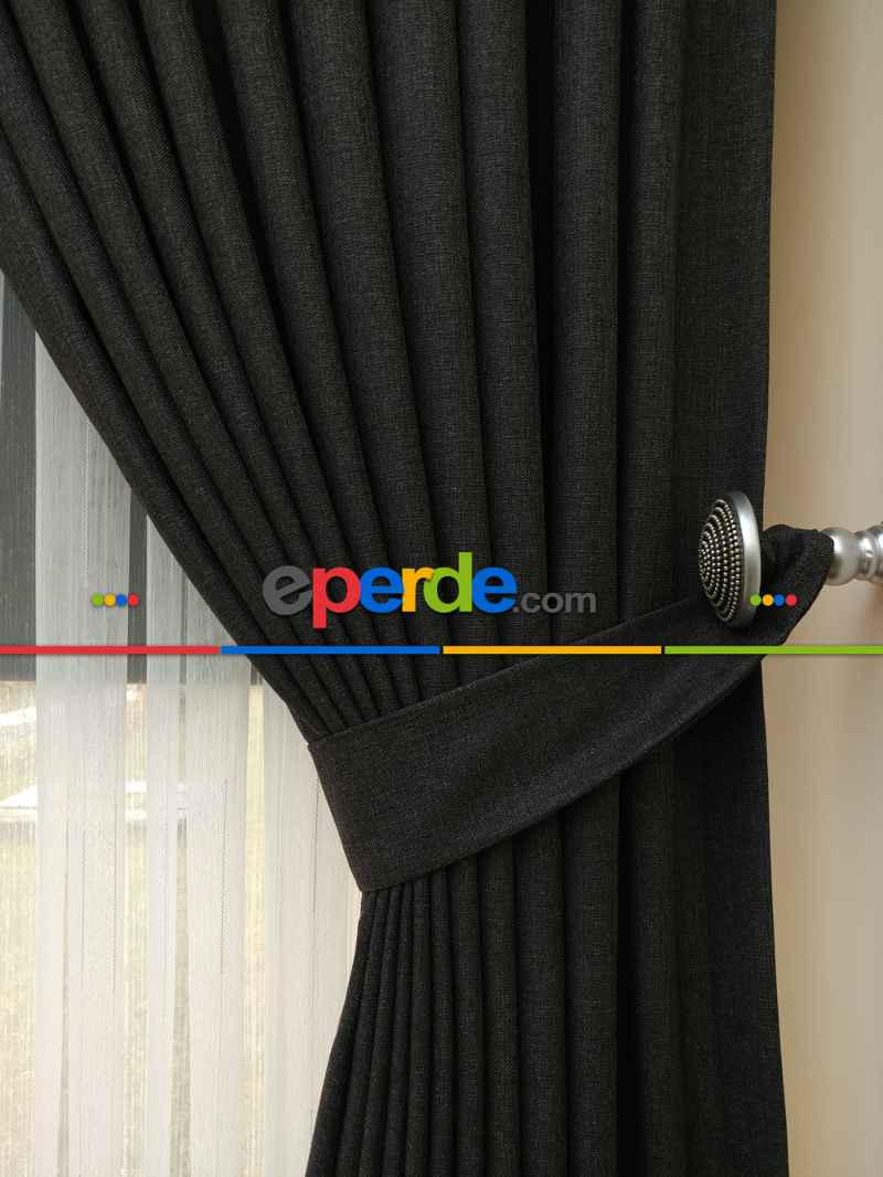 Keten Füme Antrasit Renk Düz Fon Perde ( )- Füme