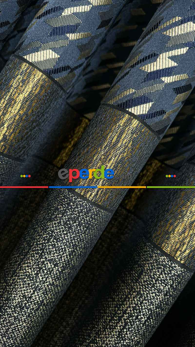 Lacivert Mavi Altın Fon Perde, Kazayağı Desenli Jakar Dokumadır. Pano Fon