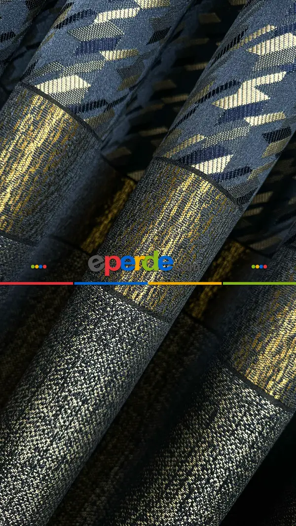 Lacivert Mavi Altın Fon Perde, Kazayağı Desenli Jakar Dokumadır. Pano Fon